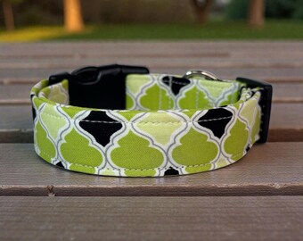 Green and black Quatrefoil handmade dog collar, adjustable side release, washable cotton fabric, webbing core, customizable hardware color
