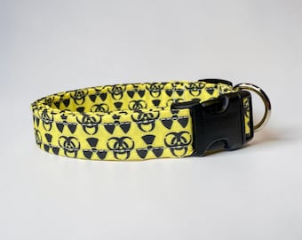 Bio Hazard Funny handmade dog collar, adjustable side release, washable cotton fabric, webbing core, customizable hardware color