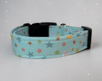 Stars and hearts handmade dog collar, adjustable side release, washable cotton fabric, webbing core, customizable hardware color