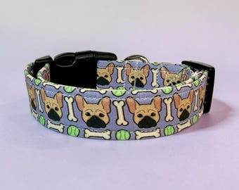 Fawn French Bulldog Funny handmade dog collar: Adjustable side release, washable cotton fabric, webbing core, customizable hardware color