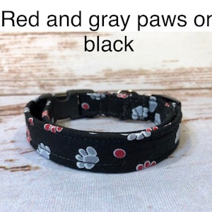 Paw Print Dog Collar: Adjustable Buckle Collar, Black with Gray & Red Paws