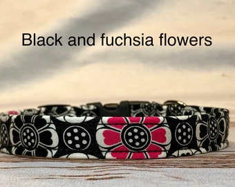Black and fuchsia floral dog collar, standard adjustable or martingale
