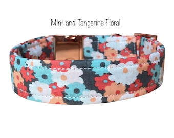 Dog Collar, adjustable collar, metal buckle, mint floral, floral dog collar, rose gold hardware, buckle dog collar, mint green, rose gold