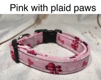 Pink with plaid paws, standard adjustable dog collar,  or martingale collar