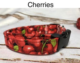 Cherries Dog Collar, Cotton Fruit Print with Adjustable Side-Release Buckle
