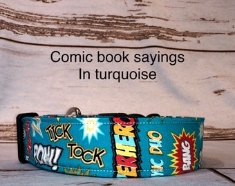 Comic book dog collar, boy dog collar, blue dog collar, funny dog collar, adjustable, washable, side release, eco friendly, comic book words