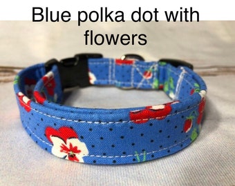 Blue Polka dot with flowers, standard adjustable dog collar,  or martingale collar