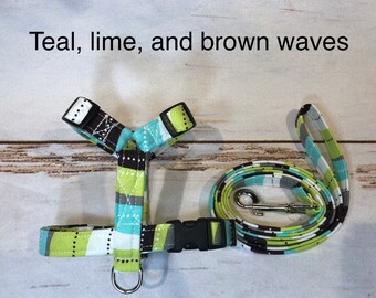 Dog harness, harness and leash, dog harness unisex, dog halter, leash, step in harness, standard harness, dog harness set, teal, lime, waves