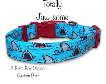 Shark dog collar, shark fin, funny dog collar, sharks, blue, red, adjustable, washable, eco friendly, side release, cat collar, shark bite
