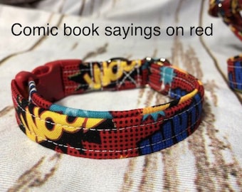 Comic book dog collar, red dog collar, adjustable dog collar, side release collar, fabric dog collar, washable, red, comic book theme