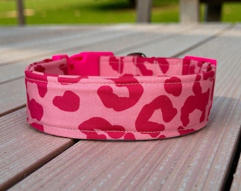 Hot Pink Leopard Print Handmade dog collar,  Washable fabric, adjustable side release, webbing core, customizable hardware, wide dog collar