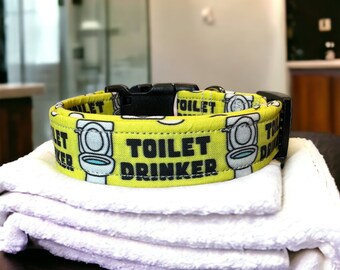Toilet drinker dog collar, funny dog collar, obscene dog collar, Yellow dog collar, handmade dog collar, side released adjustable, washable