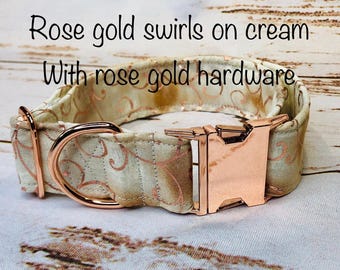 Rose Gold Swirl Dog Collar, Cream Fabric, Adjustable Side Release, handmade funny dog collars, side release, washable 