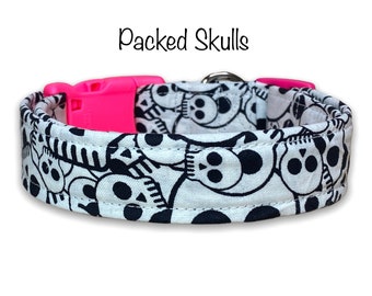 Skull dog collar, adjustable, washable, fabric dog collar, side release, white, black, skulls, funny dog collar, eco friendly, girl, boy