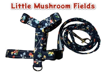 Mushroom dog harness and matching leash, pet harness & leash set, standard roman harness, step in harness, adjustable washable pet harness