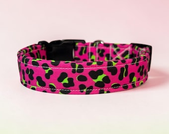 Pink and Green leopard print handmade Dog Collar: adjustable side release,  Washable cotton Fabric, webbing core, customizable hardware