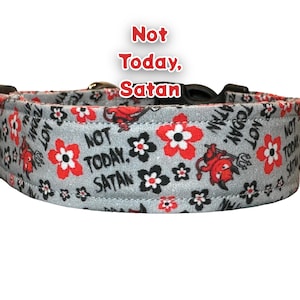 May include: A gray dog collar with a repeating pattern of red flowers, black flowers, and red cartoon devils. The text "Not Today, Satan" is repeated on the collar.