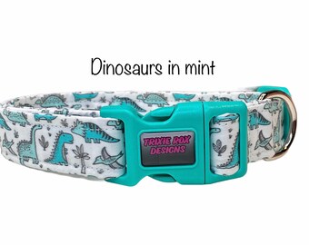 Dinosaur dog collar, Dino dog collar, mint green, dinosaur, eco friendly collar, dog collar, washable, dog collar boy, cute, funny collar