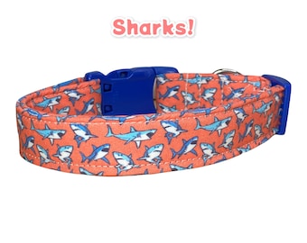 Shark dog collar, dog collar, cat collar, funny dog collar, side release collar, washable collar, adjustable collar, fabric collar, sharks