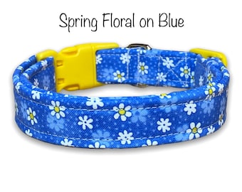 Floral dog collar, Blue dog collar, girl dog collar, female, flowers, cat collar, washable, adjustable dog collar, fabric collar, yellow