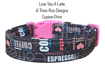 Coffee dog collar, dog collar, coffee lover collar, cat collar, adjustable collar, washable collar, fabric dog collar, side release collar,