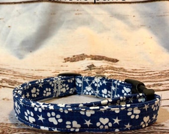 Patriotic paws dog collar, blue dog collar, dog paws, stars, side release collar, adjustable collar, fabric dog collar, washable, blue, dog