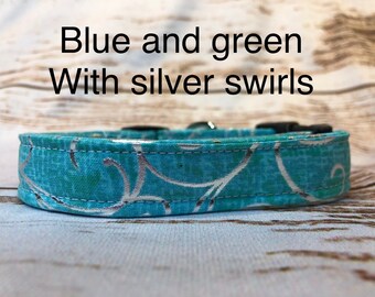 Dog Collar, girl dog collar, martingale collar, martingale, adjustable collar, buckle collar, blue dog collar, silver, green, silver swirl