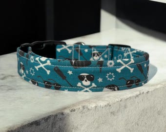 Biker dog collar, funny dog collar, handmade side release dog collar, girl dog collar, boy dog collar, custom adjustable dog collar, skulls