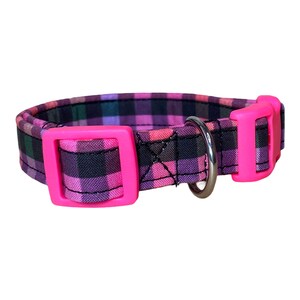 May include: A pink and black plaid dog collar with a pink buckle and a silver D-ring.