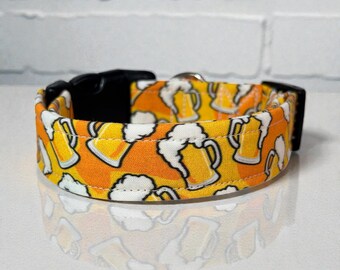 Beer Print Handmade funny dog collar: Washable fabric, adjustable side release, webbing core, customizable hardware, wide dog collar