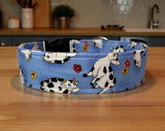 Cow and Flowers handmade dog collar, adjustable side release, washable cotton fabric, webbing core, customizable hardware, gifts for pets