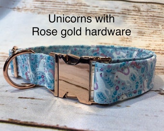 Unicorn dog collar, rose gold dog collar, adjustable collar, side release collar, washable collar, unicorns, rose gold, eco friendly, girl