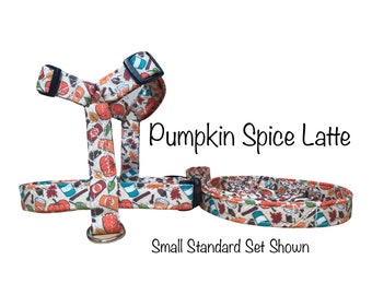 Pumpkin spice latte dog harness and matching leash set, standard Roman harness, step in harness, adjustable harness, washable dog harness