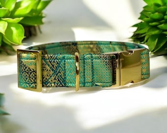 Personalized engraved teal and gold dog collar, side release metal hardware, handmade fabric dog collar with engraved metal buckle