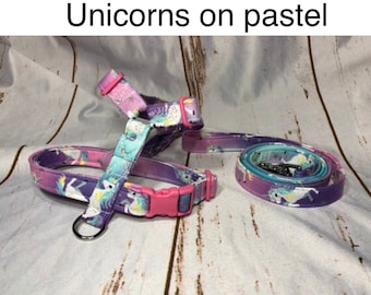 Dog harness, Harness and leash, step in harness, standard harness, dog harness set, unicorn dog harness, unicorn, pink, purple, blue