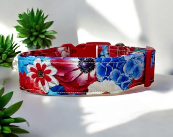 Patriotic floral dog collar, handmade fabric dog collar, side release adjustable dog collar, funny dog collars, washable, gifts for dogs