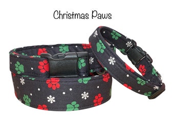 Christmas dog collar, side release collar, Christmas paws, washable collar, fabric dog collar, adjustable collar, cat collar, red, green