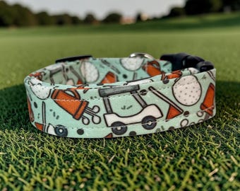 Golf funny handmade dog collar, adjustable side release, washable cotton fabric, webbing core, customizable hardware color