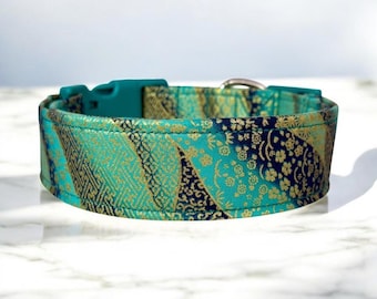 Teal and gold dog collar, handmade fabric dog collar, side release adjustable dog collar, funny dog collars, washable, gifts for dogs