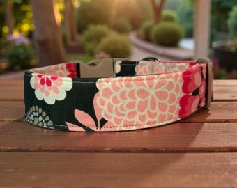 Large Floral Print Handmade dog collar, adjustable side release, washable cotton fabric, webbing core, customizable hardware color