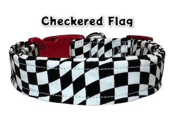 Checkered flag dog collar, dog collar boy, dog collar girl, race flag dog collar, side release adjustable dog collar, fabric dog collar