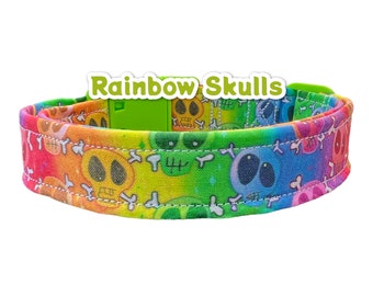 Rainbow skull dog collar, funny dog collar, side release collar, adjustable collar, girl dog collar, boy dog collar, pride dog collar