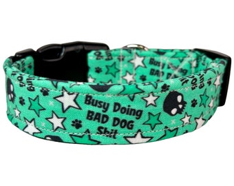 Doing bad dog shit dog collar, funny dog collar, obscene dog collar, adjustable washable collar, side release collar, handmade dog collar
