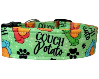 Couch Potato dog collar, funny dog collar, boy dog collar, side release, adjustable, washable, handmade dog collar, custom dog collar