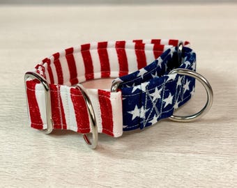 Stars and Stripes martingale handmade dog collar, adjustable, washable, stainless steel hardware, gentle choke collar, no buckle
