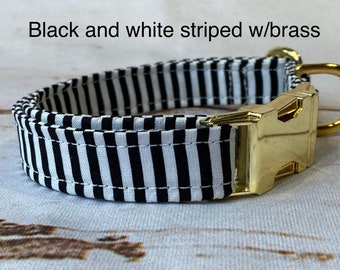 Black and white striped dog collar, dog collar, adjustable collar, washable collar, side release collar, brass hardware, fabric dog collar