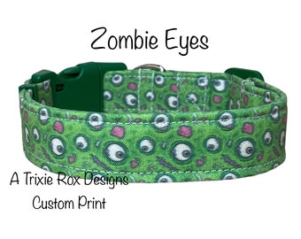 Zombie dog collar, dog collar, zombie cat collar, creepy dog collar, funny dog collar, eco friendly, washable, adjustable, green, zombie eye