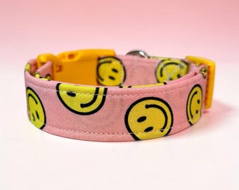 Funny Dog Collar, Smiley Face Pink Dog Collar, Adjustable Cotton Collar Webbing Core, Custom Hardware Color, Cute Dog Collar for Girl Dog