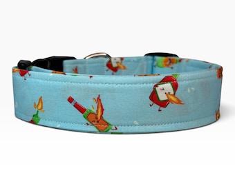 Spicy Sauces funny handmade dog collar: adjustable side release, washable cotton fabric, webbing core, customizable hardware color