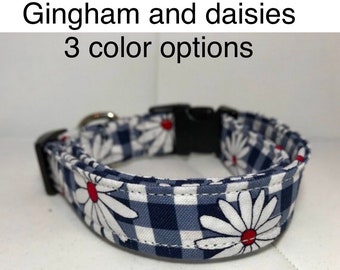 Gingham dog collar, daisy dog collar, adjustable, washable, eco friendly, side release collar, red, blue, yellow, daisies, girl dog collar